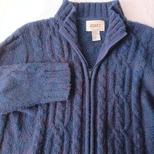 Jenny Vintage 90s Y2K Full Zip Blue Cable Knit Sweater Size L Mohair Blend